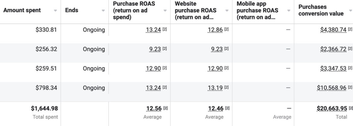 Meta Ads: $1,644.98 spend, ~12.56 ROAS average, $20,663.95 purchases value