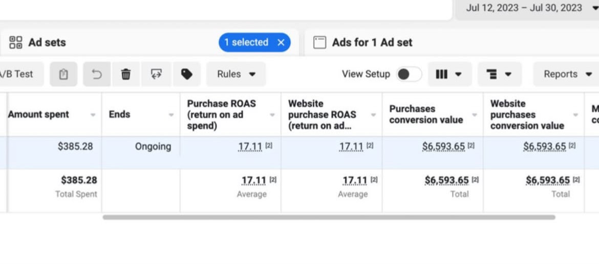 Meta Ads: $385.28 spend, 17.11 ROAS, $6,593.65 purchases value